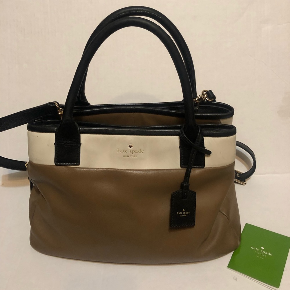 Kate Spade Brown Black Ivory Leather Block Satchel authentic bag.
